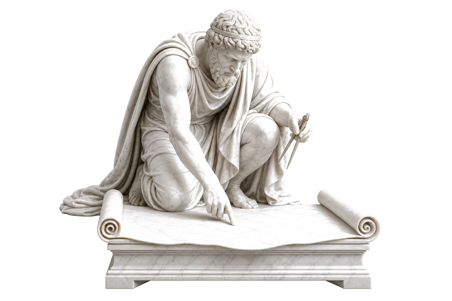 Marble statue of a cartographer pinpointing a spot on an unrolled map