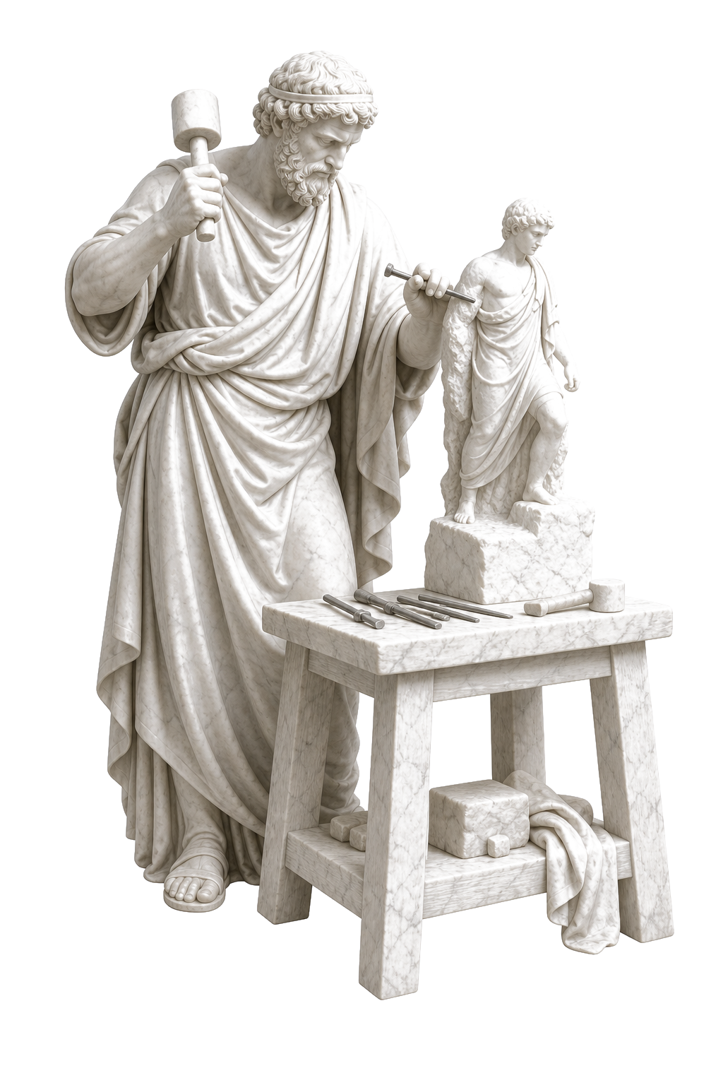 Marble statue of a sculptor carving a smaller figure that steps off its block