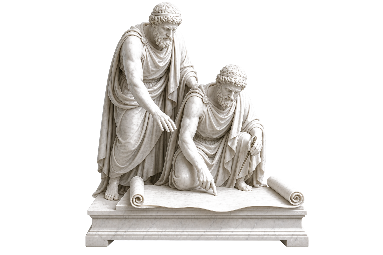 Two marble statues at the same task, a mentor supervising an apprentice without touching
