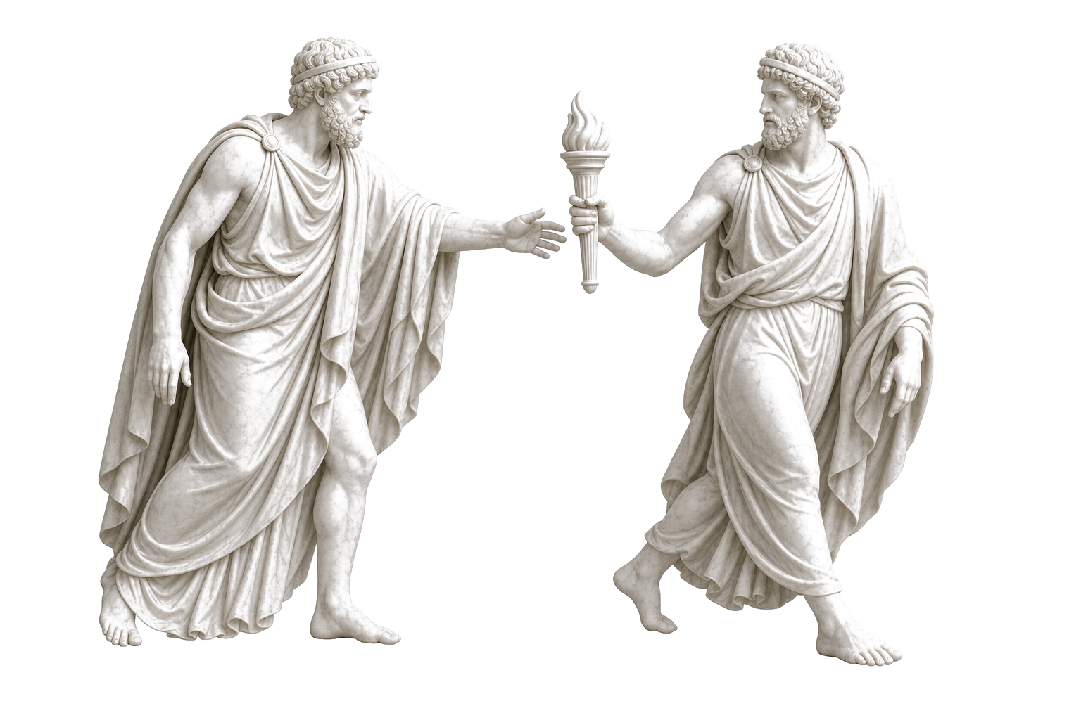 Two marble statues passing a lit torch at the moment of handoff